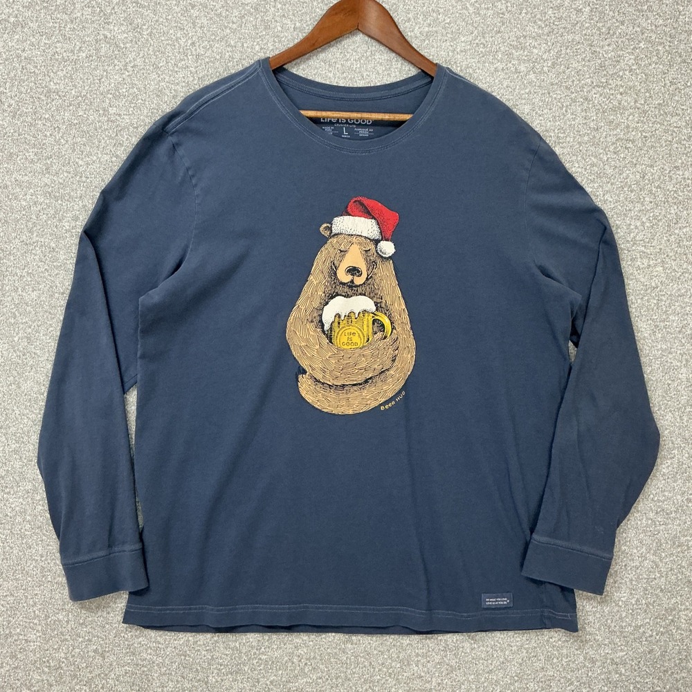 Life is Good Mens Crusher Tee Santa Bear Beer Hug Size L Long Sleeve Blue Tee
